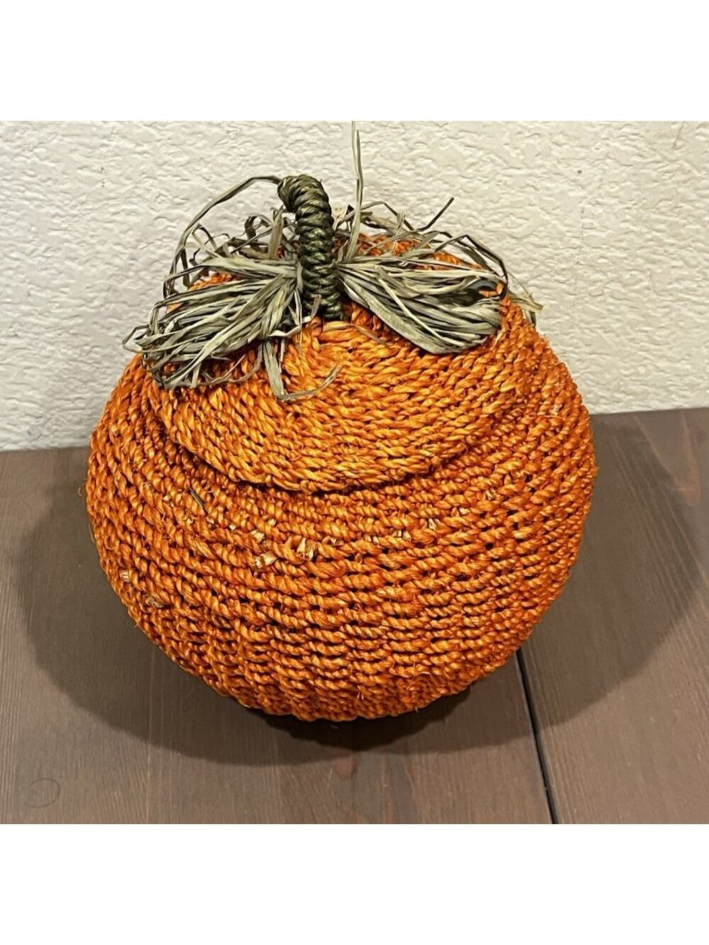 Woven Pumpkin Basket with Lid Halloween Fall Thanksgiving Decor Orange Rope